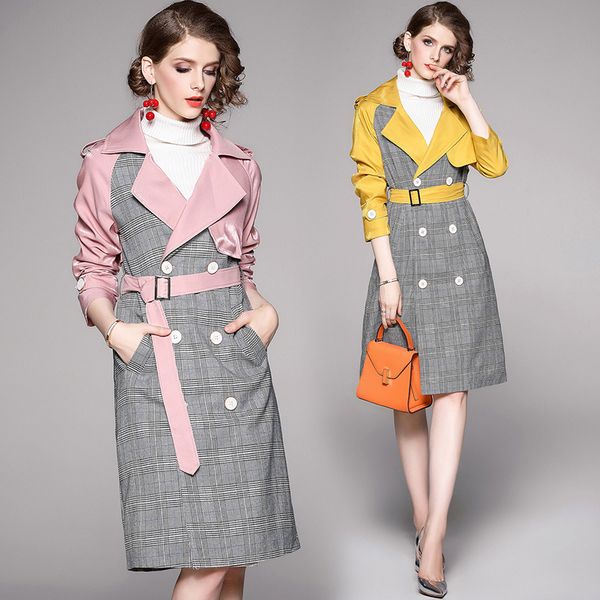 

women's trench coats 2021 autumn patchwork double-breasted plaid coat women long sleeve notched vintage overcoat windbreaker with belt, Tan;black