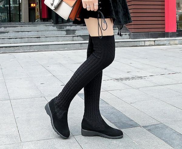 

boots fashion knitted women knee high elastic slim autumn winter warm long thigh woman shoes, Black