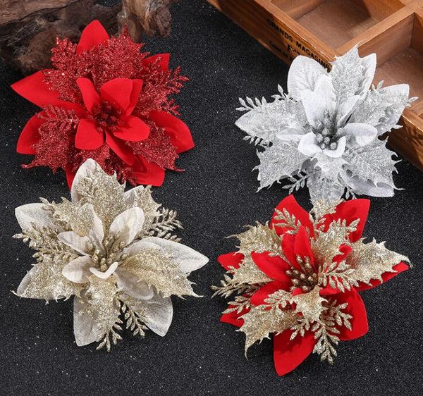 Polvere dorata Fiore di Natale fiore di simulazione Accessori ghirlanda di Natale Decorazione dell'albero di Natale GD712