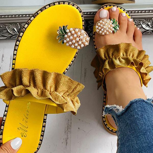

2020 fashion women summer flat sandals pearl spilt toe slip on flip flops pineapple beach slides casual shoes slipper 2 color, Black