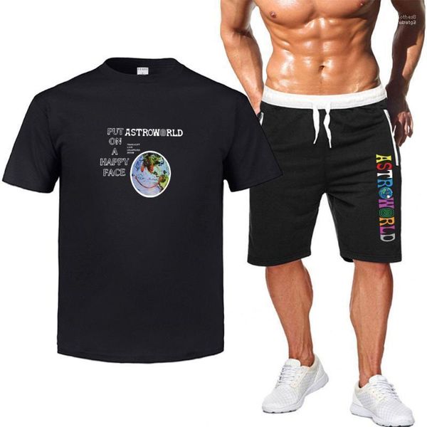 

2pcs clothing set suits travis scott tracksuits mens summer astroworld letters tshirt shorts, Gray