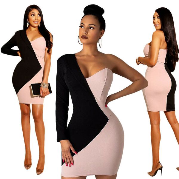 

women's bandage bodycon long sleeve patchwork one shoulder evening party club short elegant mini dress 2020 new, Black;gray