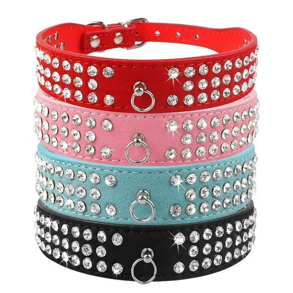 (6 Farben gemischt) Brandneue Wildleder-Hundehalsbänder, 3 Reihen, Strass-Hundehalsband, Diamante, süßes Haustier