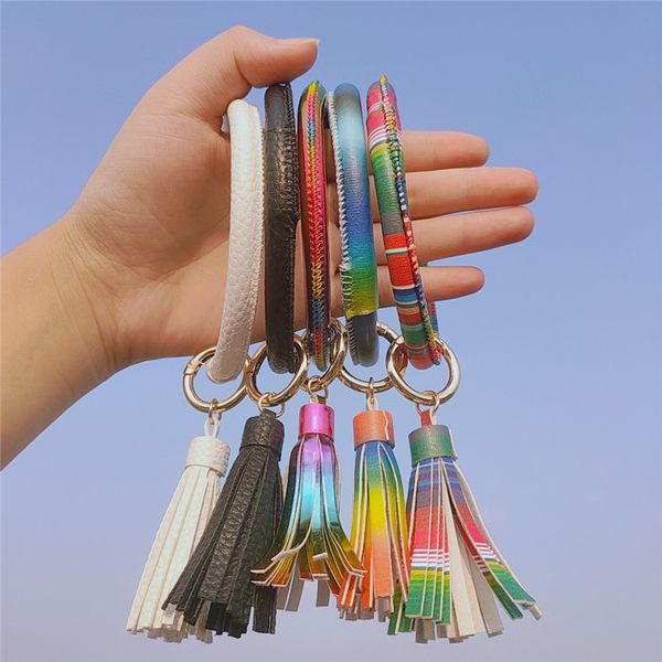 

bangle 14 colors pu leather round tassel bracelet keychain for women trendy rainbow color circle wristlet key ring wrist strap, Black