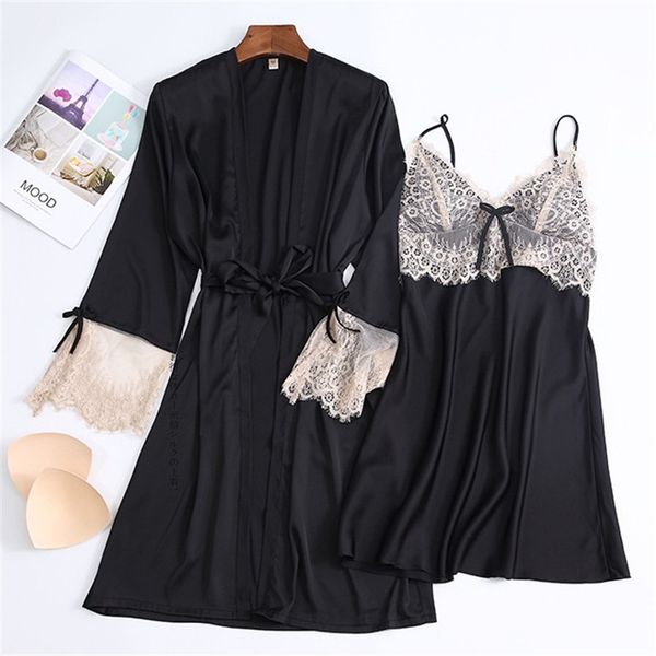 

summer lingerie summer women's ladies white bride robes kimono robe satin silk lace night wear gown sleepwear pajamas, Black;red