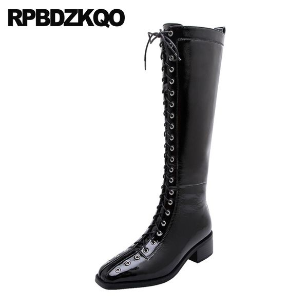 

lace up white block autumn knee high fashion genuine leather black chunky shoes women boots winter 2020 fall square toe fur heel