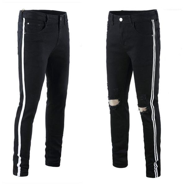 

hiphop mens jeans fashion mens pencil pants men designer jeans green holes black red ribbon street, Blue