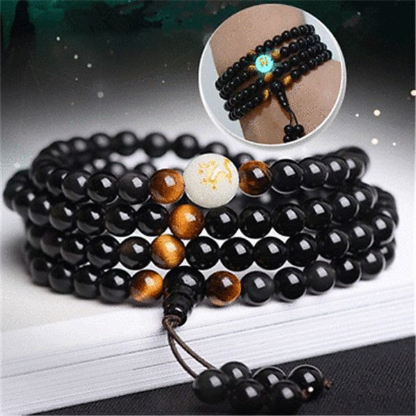 

6/8mm luminous bracelet yoga black onyx men women 108 beads adjustable bracelets bmf88, Golden;silver