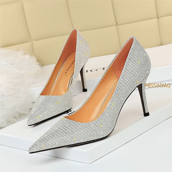 

new luxury women sparkly 7.5cm pencil high heels pumps stiletto bling sliver tacones heels glitter wedding pointed toe shoes, Black