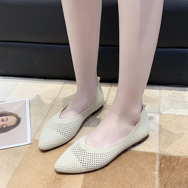 

women knit flats breathable pointed toe flats stretch fabric casual single shoes women shallow loafers comfortable boat shoes, Black