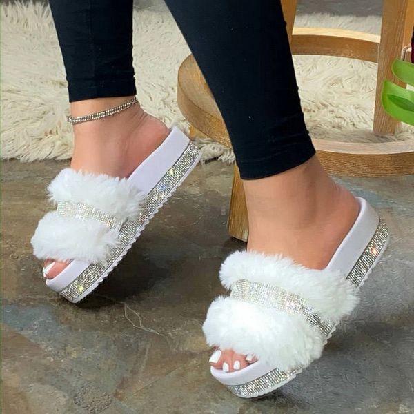

2020 bling women's plush slippers fur slides rhinestones outdoor flat women platform sandals fluffy casual shoes furry slides, Black