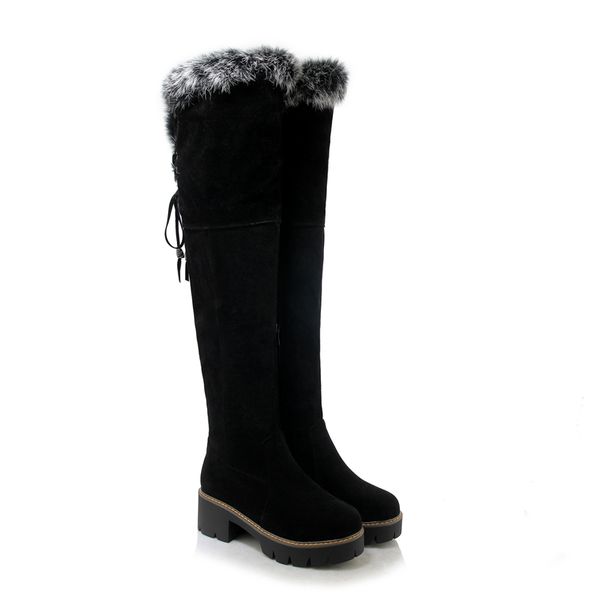 

2020 over the knee boots keep warm fur wool women boots square high heels winter snow russia winter ladies party shoes, Black