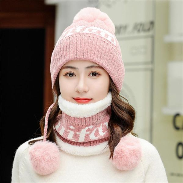 

new winter chenille knit hats women warm three hair ball skullies wool hat lady cute velvet thick sets 2 bonnet cap with bib, Blue;gray