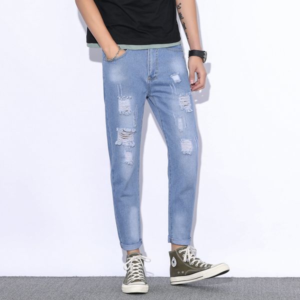 

men's broken hole stretch slim fit jeans brand new scratched pants male cotton washed jeans fashion streetwear trousers, Blue