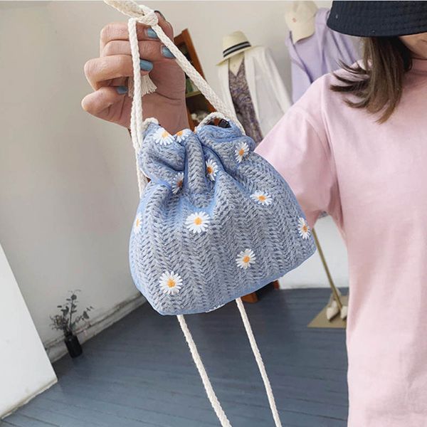 

women little daisy drawstring crossbody bag boho beach straw bag summer shoulder