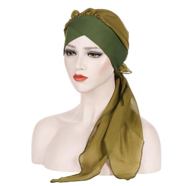 

women solid bandage turban head wrap forehead crossed hair bonnet caps breathable chiffon long tail sleep caps chemo hat tb-94a, Blue;gray