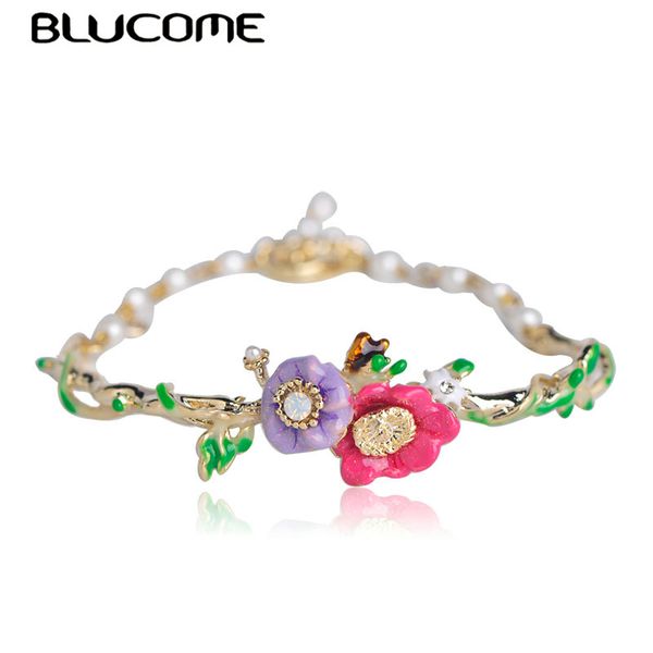 

blucome sweet colorful flower shape enamel bracelet simulated pearl lobster clasp accessories for women girls party daily gifts, Red;blue