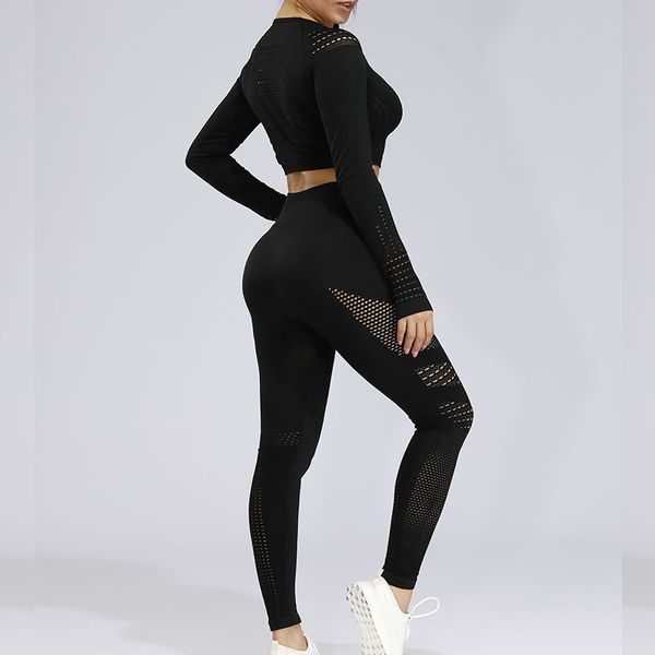 

2 pcs sports suits set women yoga sets gym fitness athletic pants sportswear leggings shirt seamless sports hollow out, Gray