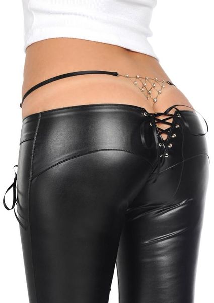 

latex pencil pants faux leather pants low waist bandage zipper crotch detail slim fashion club dance wear black white