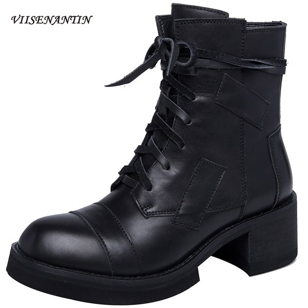 

new star the same injured boots genuine leather british ankle motorcycle boots round toe black thick heel shoes women
