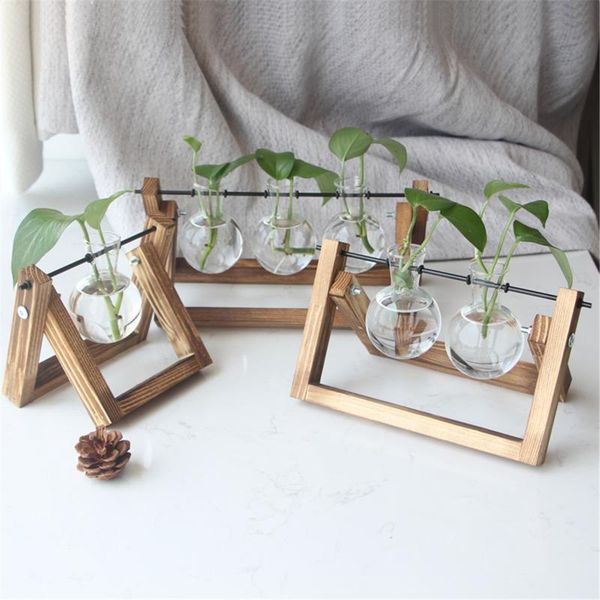 

vases terrarium hydroponic plant vintage flower pot transparent vase wooden frame glass tablehome bonsai decor florero
