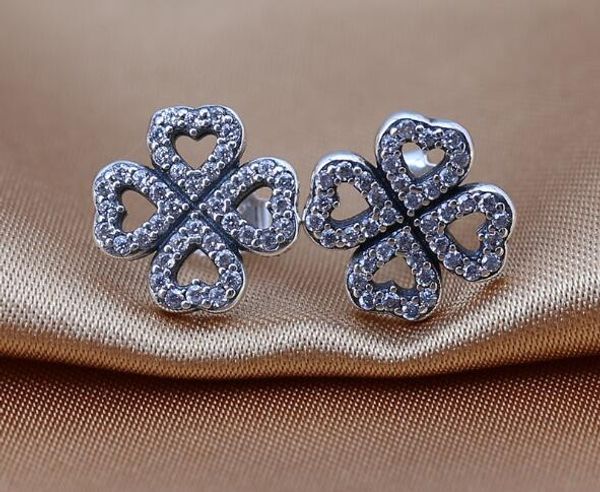 

high-quality stud earring s925 sterling silver romantic four leaf clover with cz 2016 valentine's day gift fits for pandora jewelry, Golden;silver