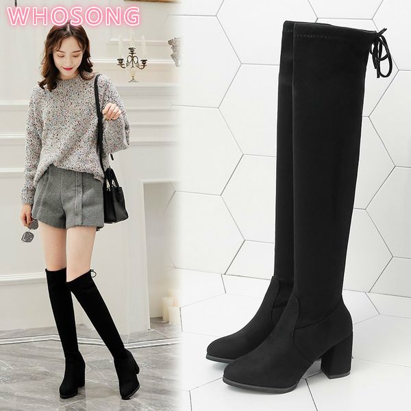 

2020 new high boots women fashion stretch long boots woman faux suede square head chunky heel over the knee winter, Black