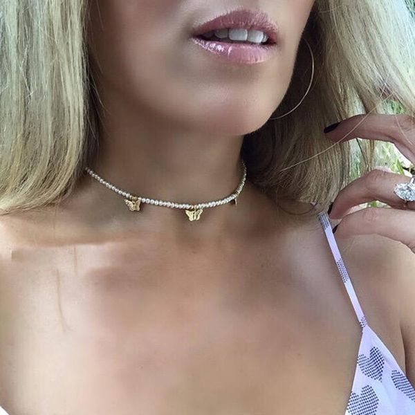 

new cute small animal crystal jewelry charms butterfly pendant necklace pink rhinestone diamante choker for women girls gift, Silver