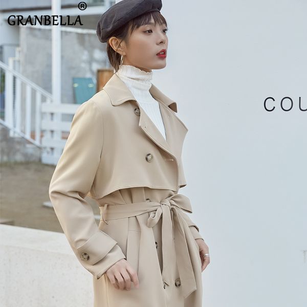 

2020 new spring autumn soft material female lace-up midi long trench coats khaki double breasted outerwear for office ladies, Tan;black