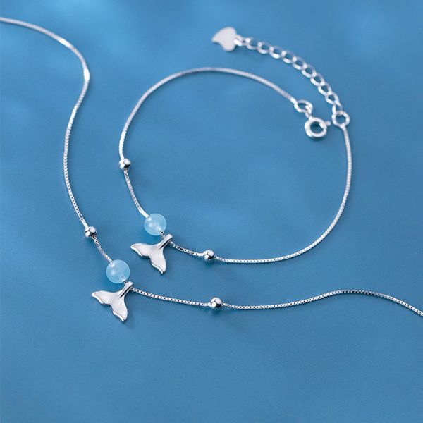 

s925 sterling silver color synthetic blue beads beaded fishtail bracelet for women lady daughter jewelry, Golden;silver