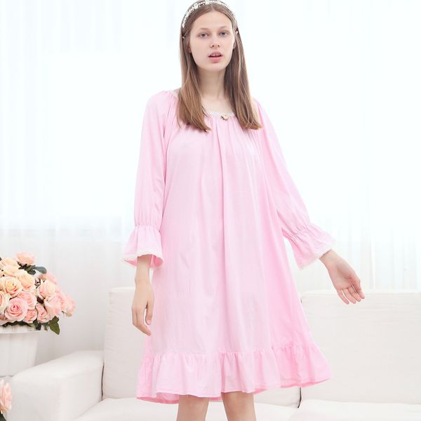 

combed cotton long sleeve nightdress lovely oversize loose elastic soft knitted pajamas for women solid color nightgown promotion, Black;red