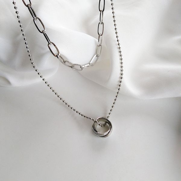 

fashion jewelry necklace gifts two layer metal link chain round circle pendant necklace women jewelry for girl student new, Silver