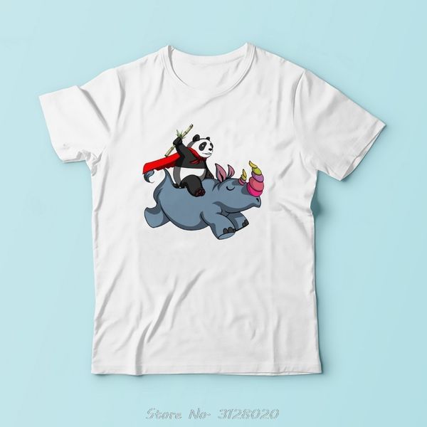 

chivalrous panda bear riding rhino funny tshirt men summer new white short sleeve casual cotton cool cartoon t shirt tees
