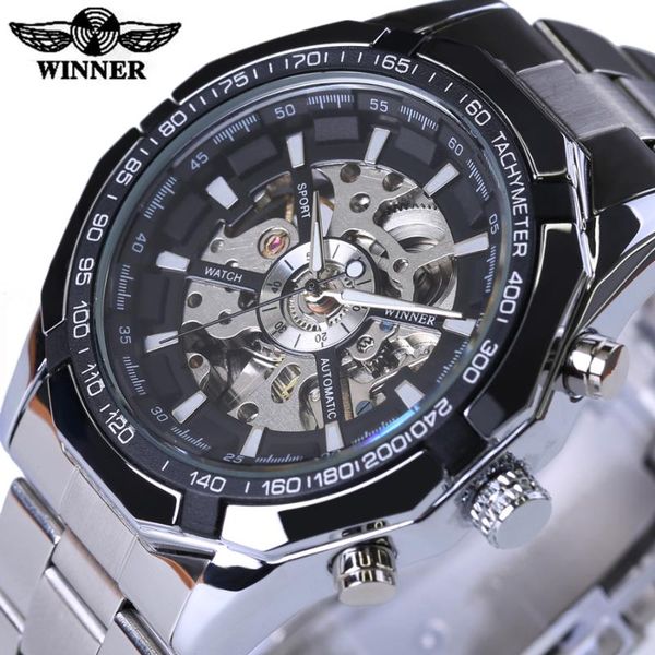 

winner stainless steel skeleton designer mens watches automatic casual mechanical watch clock men wristwatch, Slivery;brown