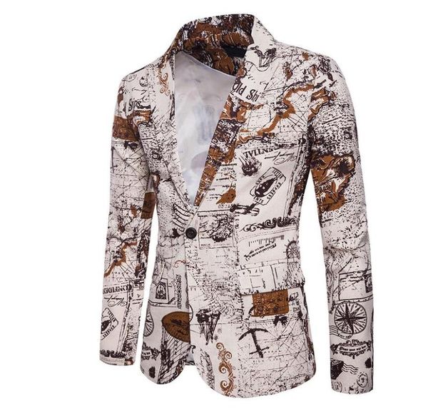 

suits men blazer two-color nautical chart style design with one button slim fit casaco jaqueta masculina coats mens jacket, White;black