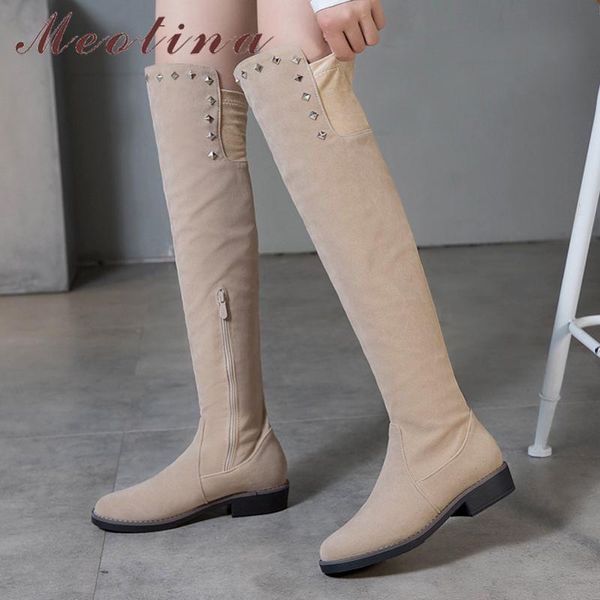 

meotina autumn over the knee boots women zipper slim flat thigh high boots rivets round toe shoes female winter plus size 34-43, Black