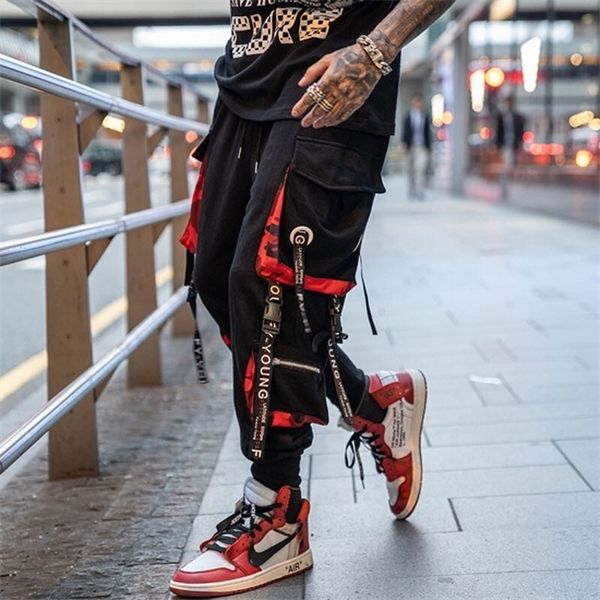 

letter ribbons casual hip hop joggers cargo pants for men block pocket black track pants male trousers sweatpants streetwear