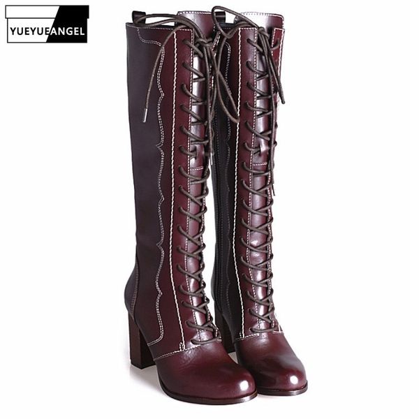

autumn shoes women round toe block high heel lace up side zip long boots femme fashion street genuine cow leather knight boots, Black
