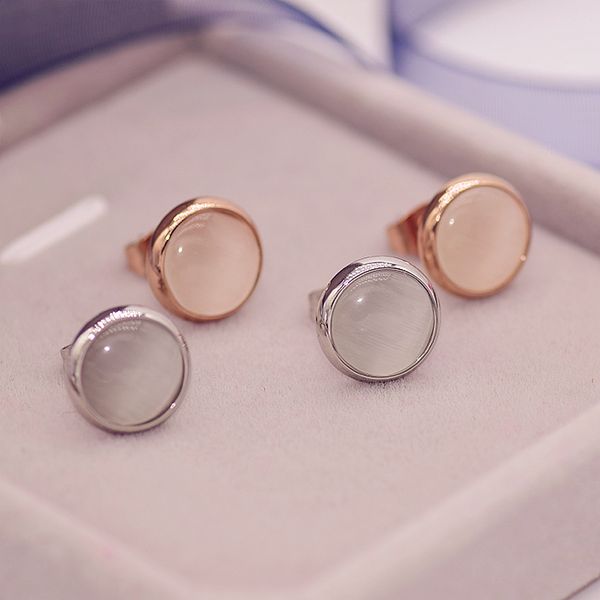 

yun ruo brand rose gold color cat's eye opal stone stud earring for woman girl 316 l stainless steel fashion jewelry bijouterie, Golden;silver