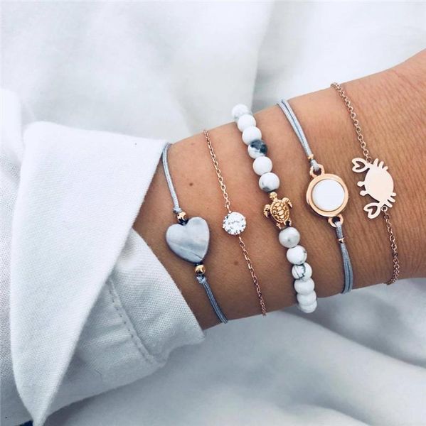 

crab stone heart charm bracelet set female tortoise natural stone beads chain beach bracelets for women jewelry, Golden;silver