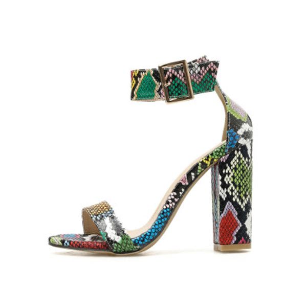 

women shoes snake pattern open toe set thick heel strap ankle strap 8cm nightclub high heel sandals summer ladie large size, Black