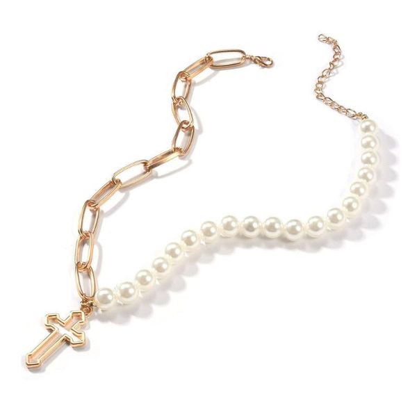 

chokers vintage pearl cross thick chain necklaces for women punk luxury hollow pendant necklace statement party jewelry, Golden;silver