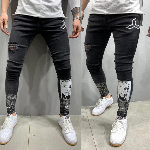 

mens skinny hole jeans designer black print mid waist casual pencil pants homme fashion jeans, Blue