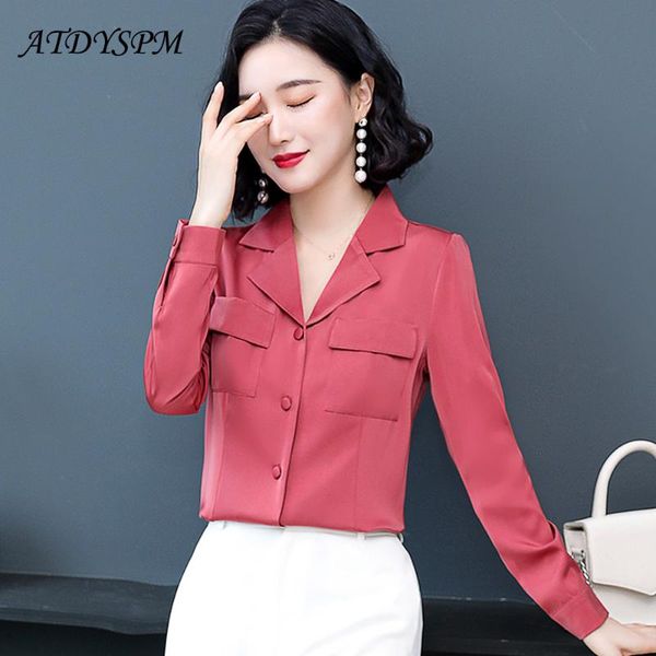 

fashion women long sleeve blouse casual two pockets shirts elegant notched neck silk shirts autumn blusas femininas, White