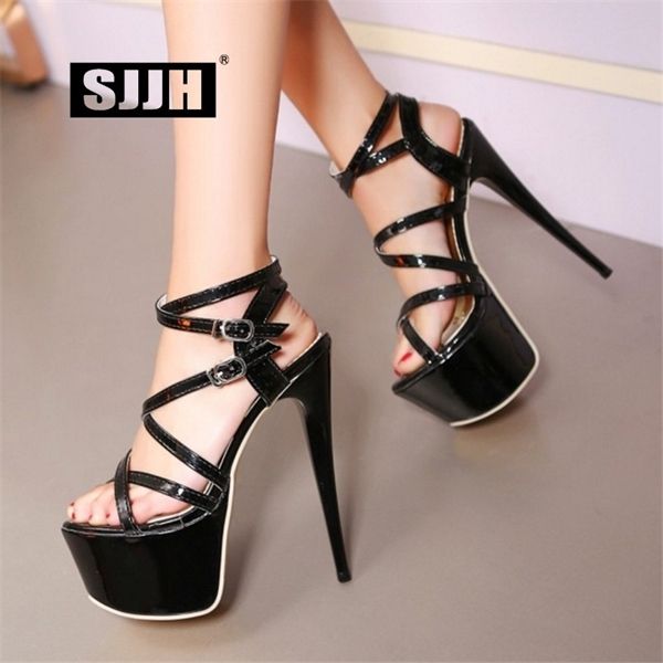 

sjjh woman gladiator sandals with 16cm stiletto open toe 5.5cm platform patent leather party fashion shoes large size a796 0922, Black