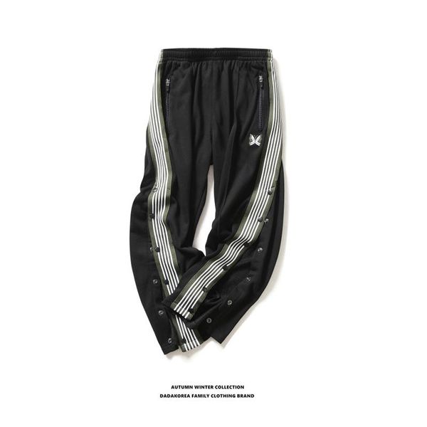 

summer embroidery ribbon thin side breasted pants loose straight men's sports and casual long pants, Black