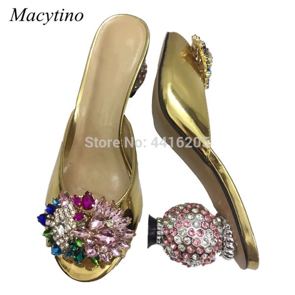 

macytino 8cm beading round heel embellished slides metallic gold leather summer open toe outdoor slippers crystal shoes women, Black