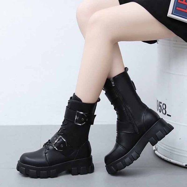 

women chunky motorcycle boots double buckle thick sole pu leather ankle boots female autumn winter fashion platform botas, Black