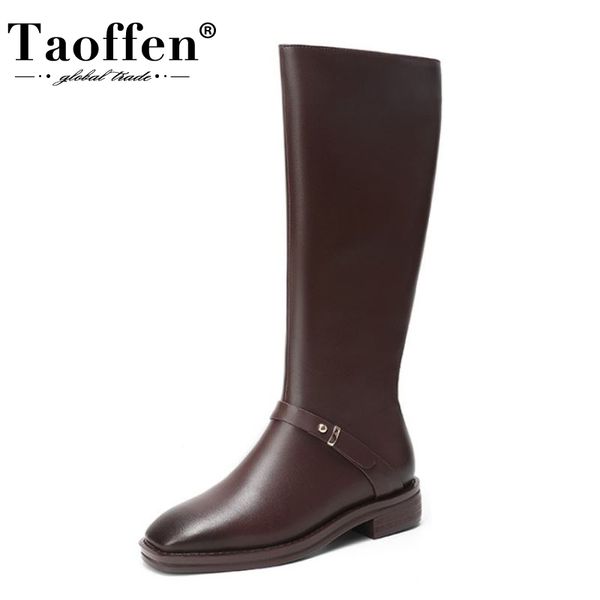 

taoffen real leather women knee boots flats square toe zipper shoes buckle warm boots fashion women party footwear size 35-43, Black