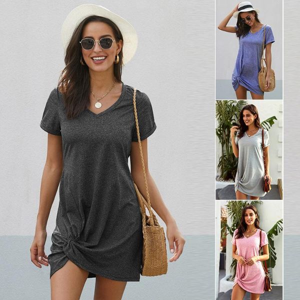 

elegant casual beach dress pure color short sleeve comfortable clothes for women 2020 long a-line dress for mature women, Black;gray